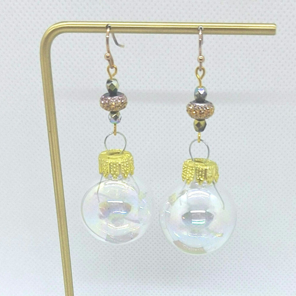 Iridescent Ball Christmas Ornament Earrings With Accent Beads Fishhook Ear Wires